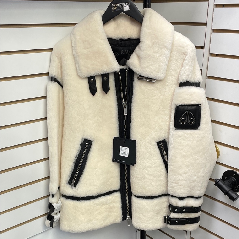 Moose Knuckles Cream and Black Shearling Puffer Jacket